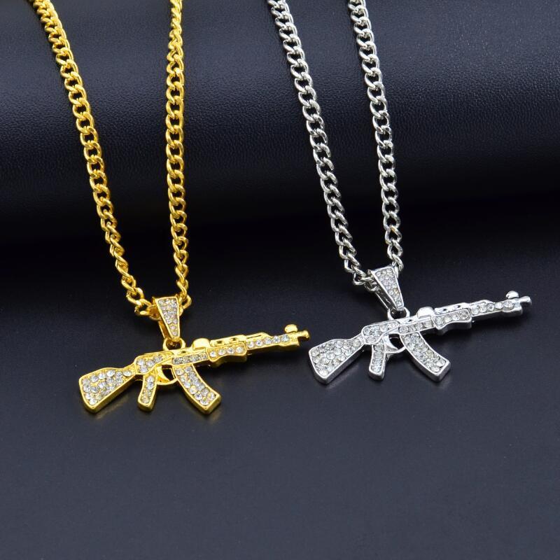 Gothic Gun Pendant Necklace with Rhinestones, Military Style, for Men