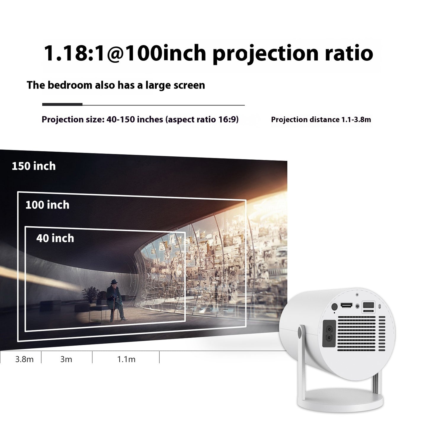Projecteur portable, petit projecteur droit pour usage domestique, angle de projection de 180 degrés, mise au point automatique, vidéoprojecteur domestique