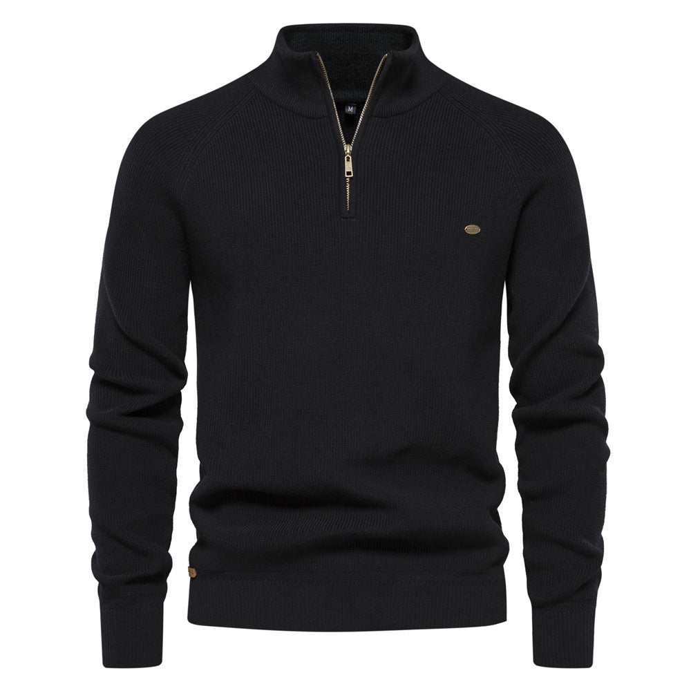Pull tricoté à col montant et fermeture éclair pour homme, coupe slim, couleur unie, manches longues, demi-col roulé