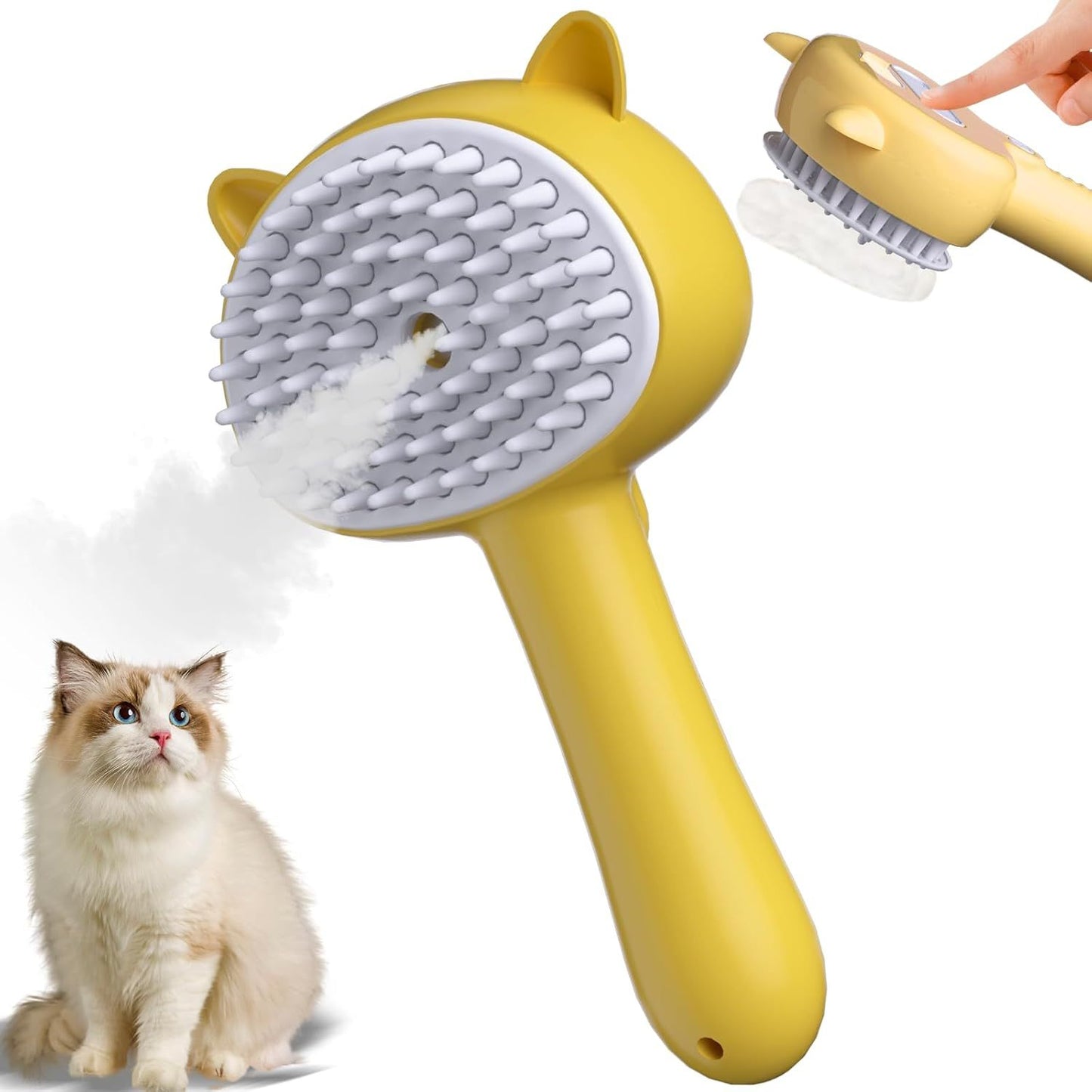 Brosse à vapeur pour chat 4 en 1 avec poignée, brosse brumisateur en caoutchouc pour animaux de compagnie avec bouton de déverrouillage, peigne pour chien avec nettoyant pour chatons d'intérieur et petits animaux - LUXARAH