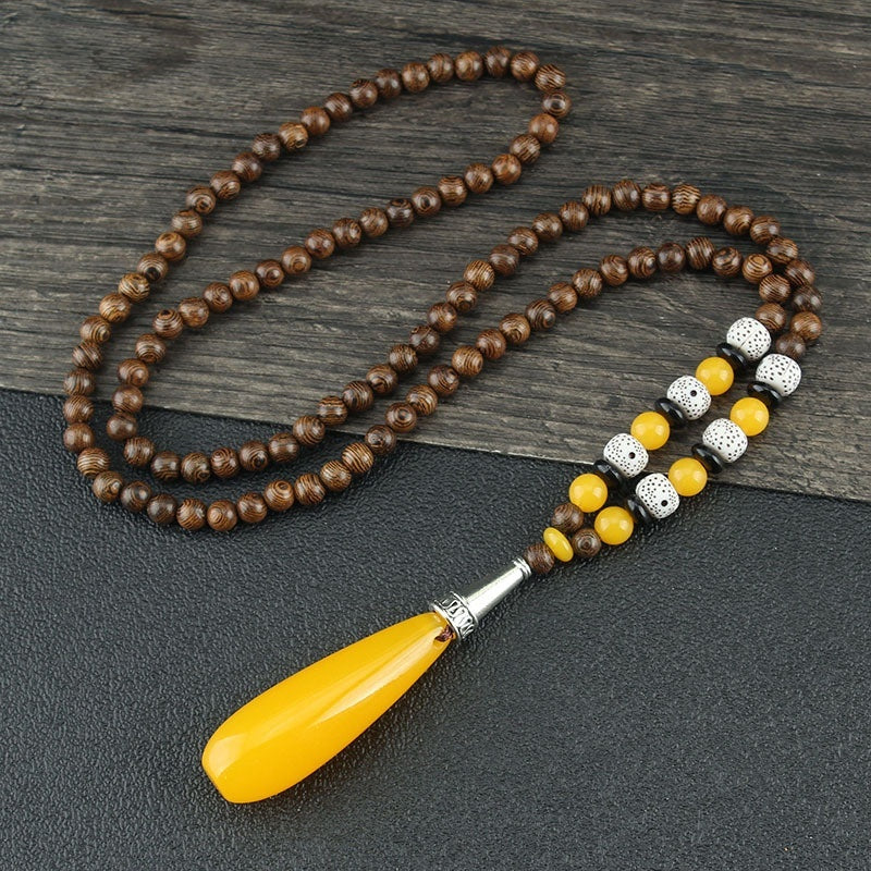 Colliers pour hommes et femmes, chaîne de pull rétro en perles de bois, pendentif Bodhi long - LUXARAH
