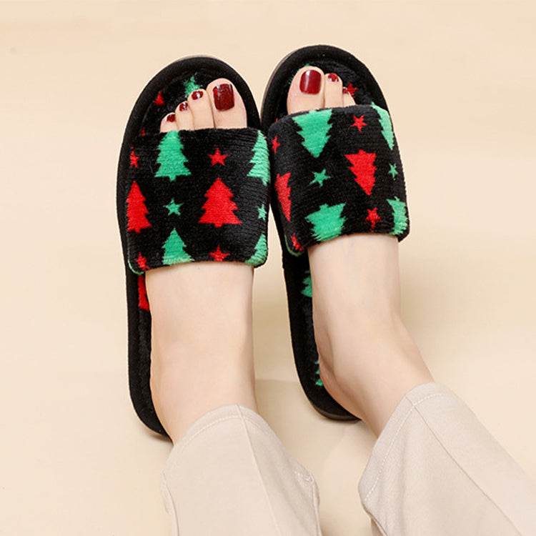 Pantoufles de Noël pour femmes, pantoufles en peluche à bout ouvert, chaussures de maison pelucheuses