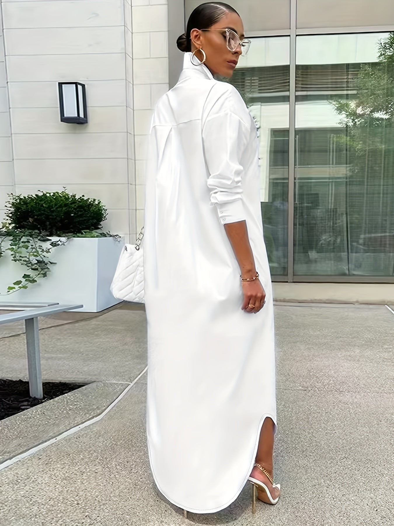 Chemise longue à boutons unis pour femme, vêtement d'extérieur décontracté à manches longues pour le quotidien, vêtements pour femmes toutes saisons, haut - LUXARAH