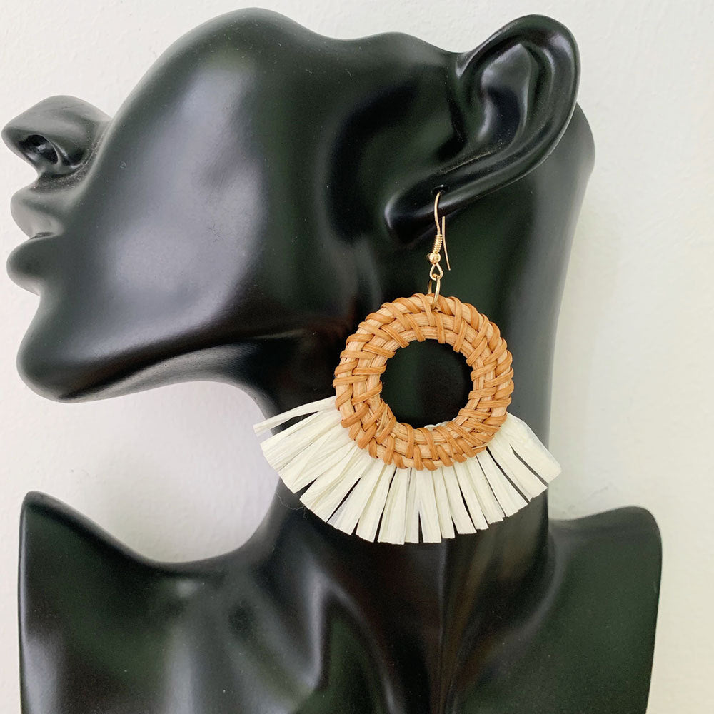 Boucles d'oreilles en raphia et rotin pour femme, nouvelles boucles d'oreilles rondes géométriques colorées en paille - LUXARAH