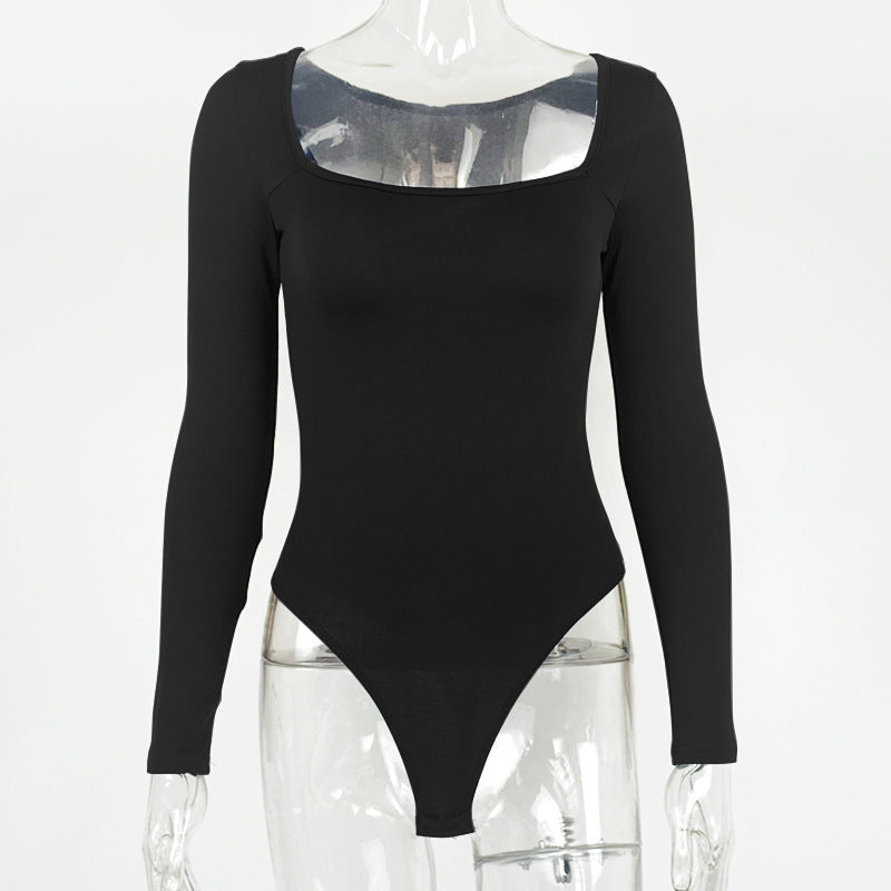 Body sexy à col carré et manches longues pour femme, haut doublé