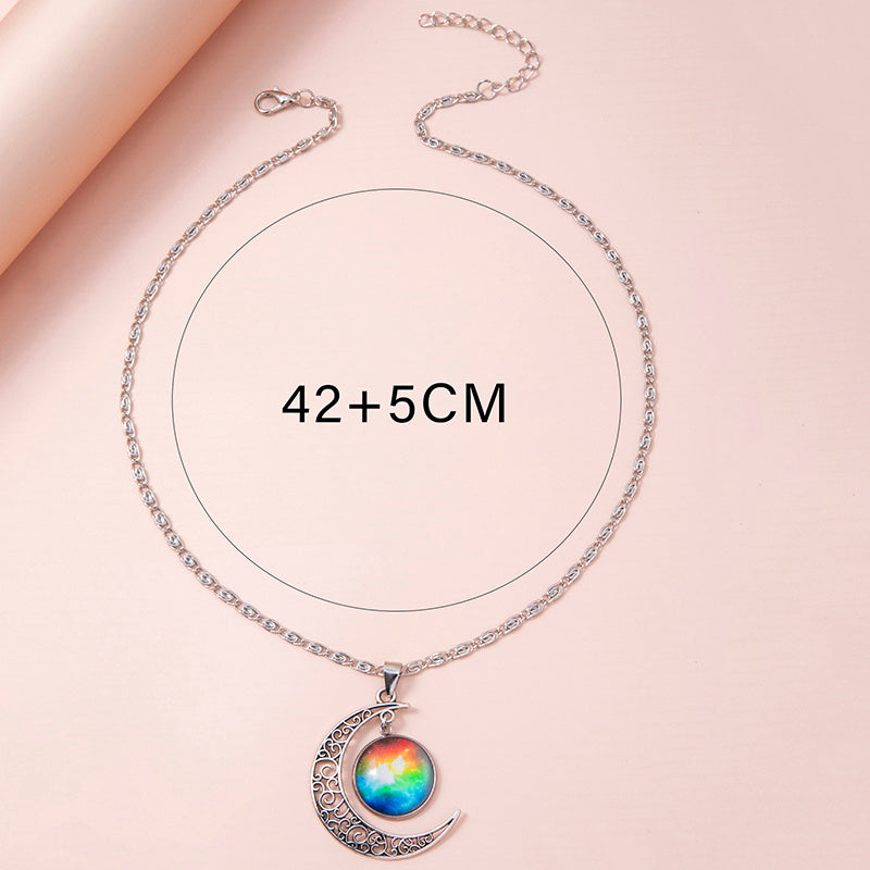 Silver Hollow Moon Galaxy Glass Pendant Necklace for Women