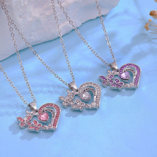 Collier papillon avec strass, pendentif en forme de cœur creux, chaîne de clavicule, pour la Saint-Valentin