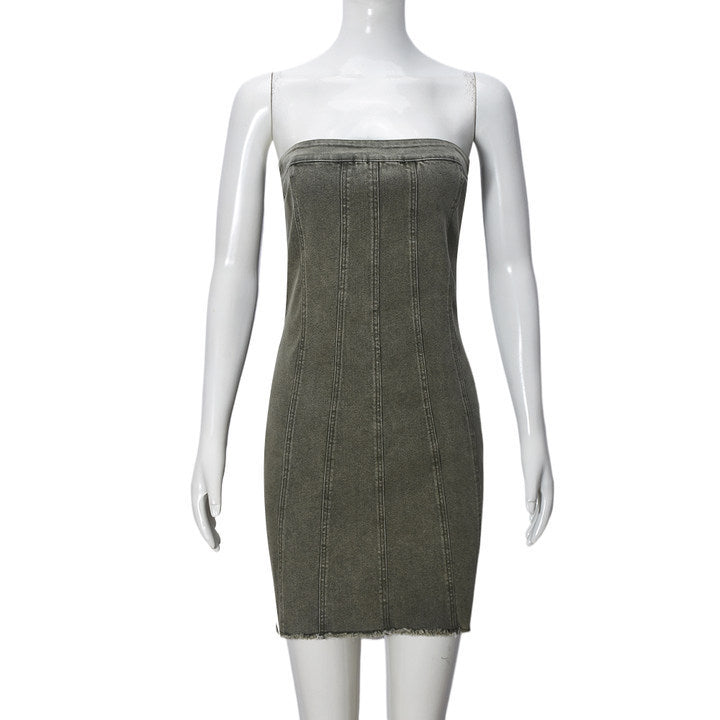Robe tube en jean, dos nu tendance, tenue d'été sexy Y2K, courte et slim - LUXARAH
