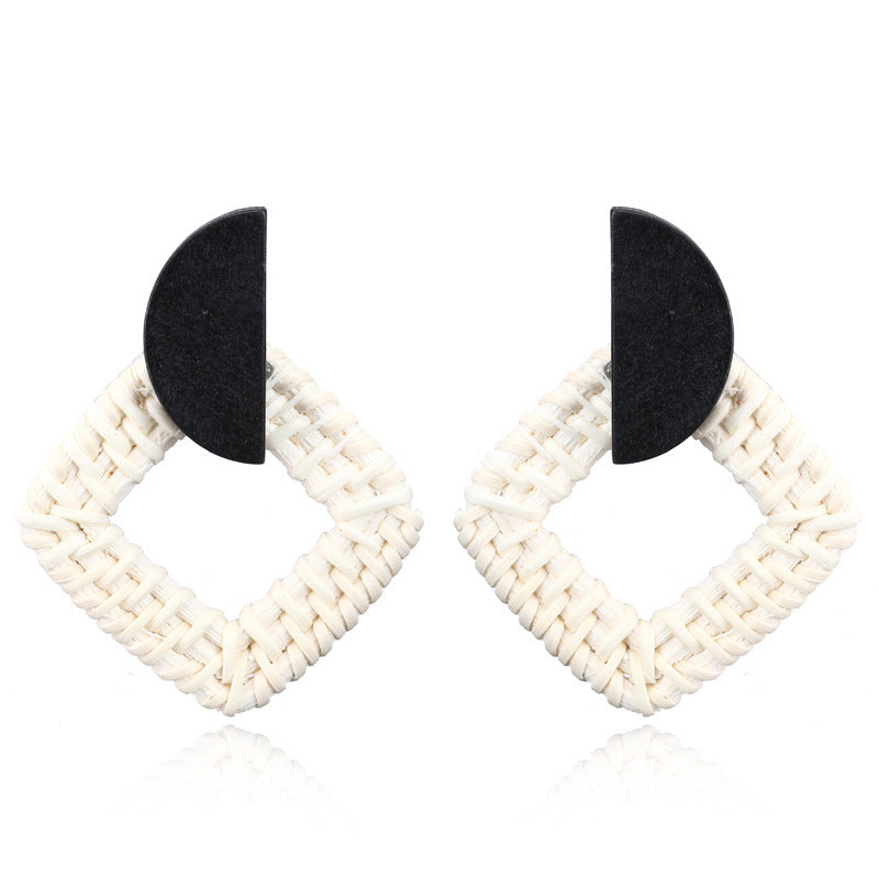Boucles d'oreilles géométriques creuses en rotin tissées à la main en bois, bambou et rotin, style rétro - LUXARAH