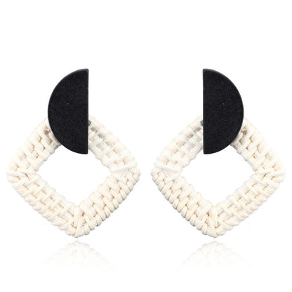 Boucles d'oreilles géométriques creuses en rotin tissées à la main en bois, bambou et rotin, style rétro - LUXARAH