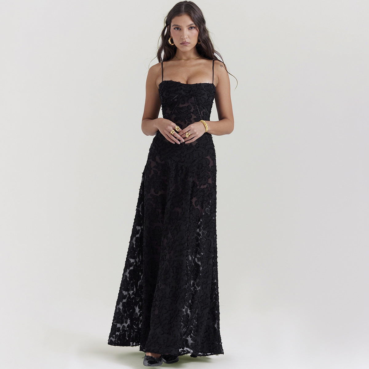 Robe longue en dentelle à bretelles tendance, col bustier, élégante, tenue de soirée - LUXARAH