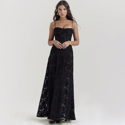 Robe longue en dentelle à bretelles tendance, col bustier, élégante, tenue de soirée - LUXARAH