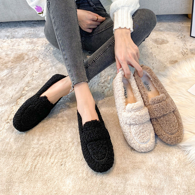Mocassins plats en peluche pour femme, chaussures tendance et chaudes à pois, collection hiver