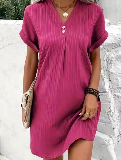 Robe décontractée à manches courtes et col en V pour femme, couleur unie, boutons