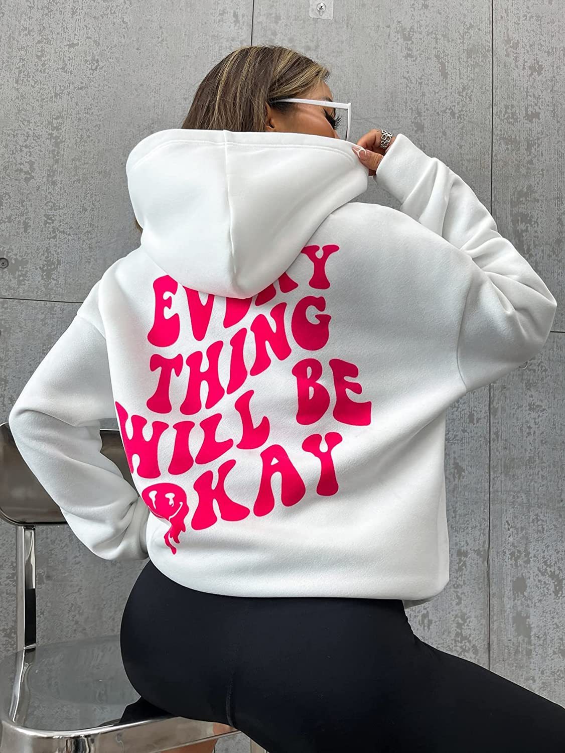 Sweat à capuche créatif avec lettres « Everything Will Be Okay » pour femme, décontracté, ample, chaud et confortable