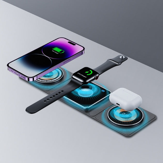 Station de charge magnétique pliable sans fil 3 en 1 pour iPhone, charge rapide transparente pour iWatch et AirPods
