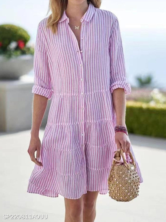 Robe chemise rayée à manches longues et boutons à revers - LUXARAH