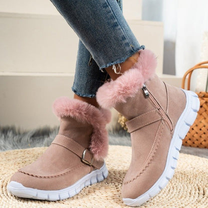 Nouvelles bottes de neige d'hiver, chaudes et épaisses, bottines en peluche de couleur unie avec boucle et chaussures plates en velours pour femmes - LUXARAH