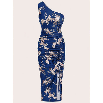 Robe moulante asymétrique, été 2025, froncée, fendue, motif floral, pour la plage, les cocktails, les mariages et les invités - LUXARAH
