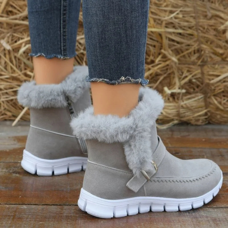 Nouvelles bottes de neige d'hiver, chaudes et épaisses, bottines en peluche de couleur unie avec boucle et chaussures plates en velours pour femmes - LUXARAH