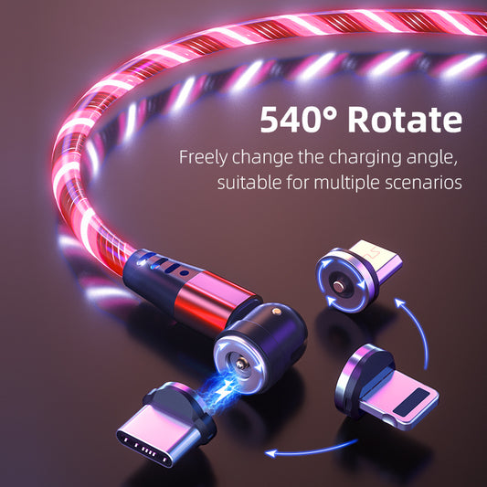 Câble magnétique lumineux rotatif 540° 3A pour recharge rapide de téléphone portable, compatible avec LED, micro USB type C, pour iPhone