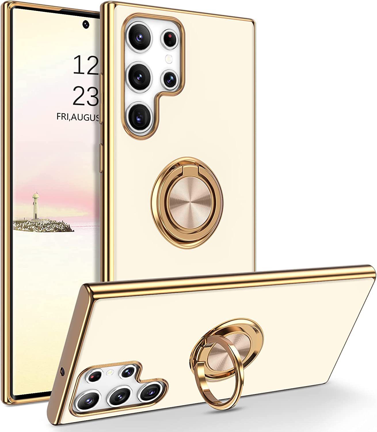 Coque de téléphone M54 compatible avec anneau 6D, support intégré, manchon de protection en silicone, galvanoplastie