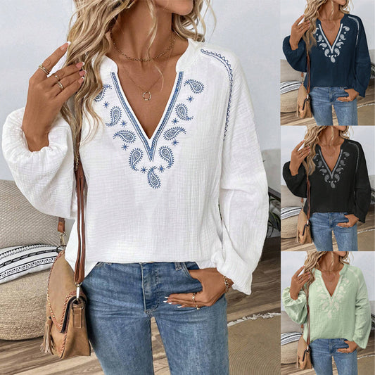 Haut en coton brodé à col en V et design tendance - LUXARAH