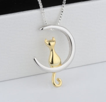 Women's Trendy Round White Link Necklaces with Big Moon and Cat Cubic Zirconia Pendant, Perfect Gift for Women and Girls