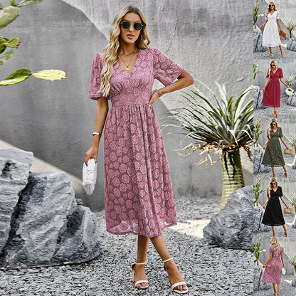 Robe longue en dentelle à col en V, élégante et élégante, à manches courtes, pour l'été - LUXARAH
