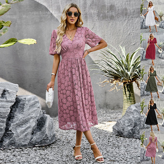 Robe longue en dentelle à col en V, élégante et élégante, à manches courtes, pour l'été - LUXARAH