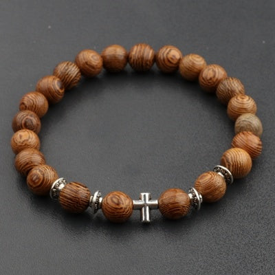 Bracelets croix en perles de bois naturel pour hommes, méditation en onyx - LUXARAH