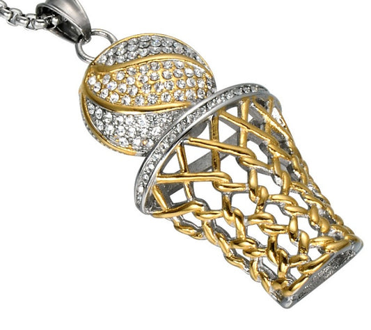 Colliers hip-hop avec pendentifs de basket-ball en strass, collier de sport en acier inoxydable pour hommes