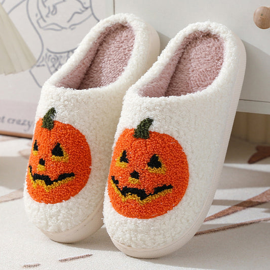Chaussons d'hiver chauds à motif citrouille pour Halloween, chaussures d'intérieur pour hommes et femmes - LUXARAH