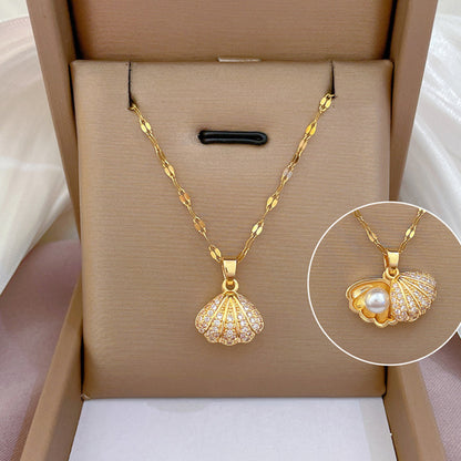 Collier de perles coquillage avec strass, bijou de personnalité pour femme en zircon