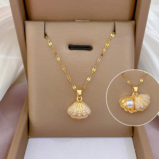 Collier de perles coquillage avec strass, bijou de personnalité pour femme en zircon