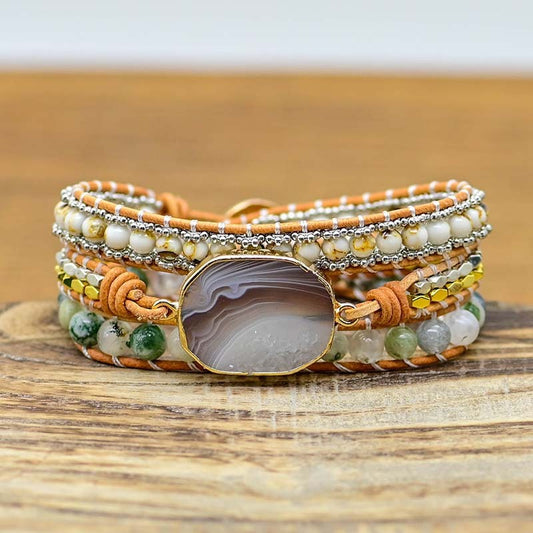 Bracelet en agate naturelle taillée, perles en alliage de pierre tissées à la main - LUXARAH