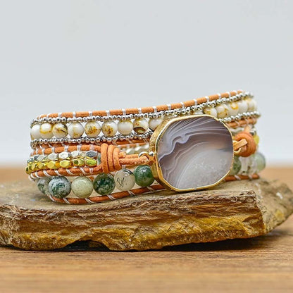 Bracelet en agate naturelle taillée, perles en alliage de pierre tissées à la main - LUXARAH