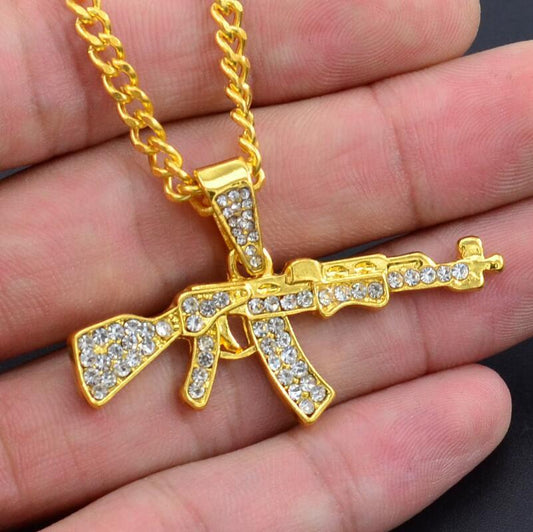 Gothic Gun Pendant Necklace with Rhinestones, Military Style, for Men