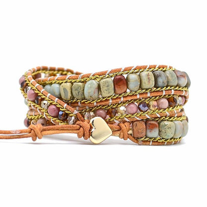 Bracelet multicouche tissé à la main en pierre naturelle avec grain de bois rouge et cœur d'amour - LUXARAH