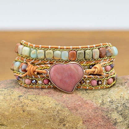 Bracelet multicouche tissé à la main en pierre naturelle avec grain de bois rouge et cœur d'amour - LUXARAH