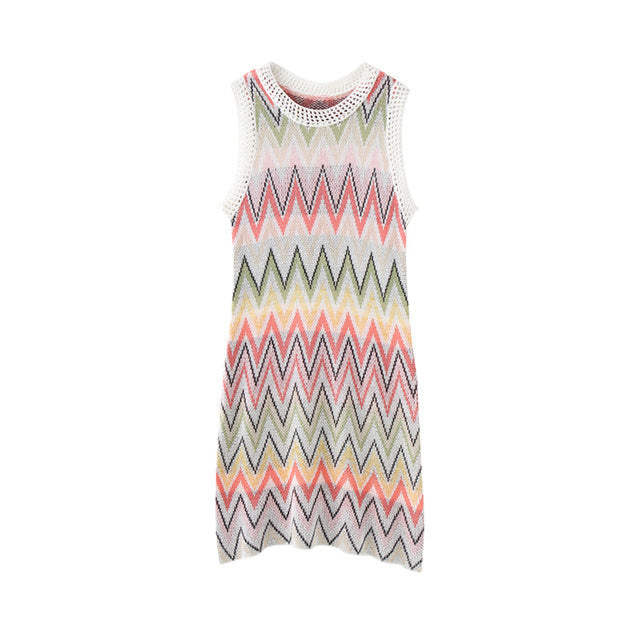 Robe en tricot arc-en-ciel, mini-robes patchwork décontractées - LUXARAH
