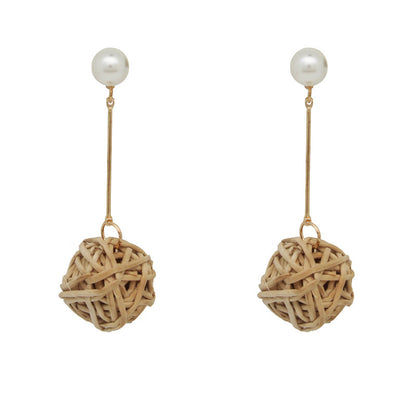 Boucles d'oreilles à pompons rétro en rotin tissé à la main - LUXARAH