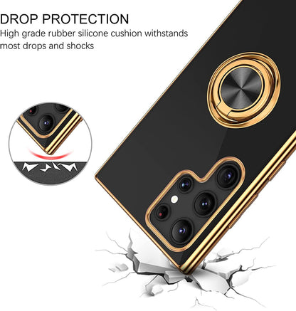 Coque de téléphone M54 compatible avec anneau 6D, support intégré, manchon de protection en silicone, galvanoplastie