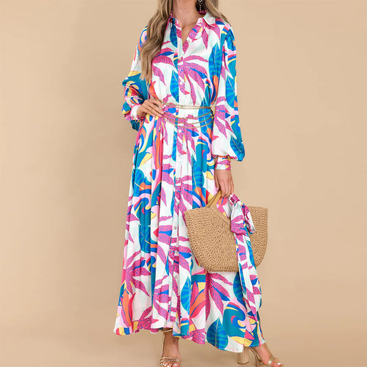 Nouvelles robes imprimées à manches longues et col polo avec ourlet surdimensionné - LUXARAH