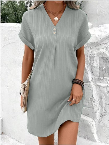 Robe décontractée à manches courtes et col en V pour femme, couleur unie, boutons