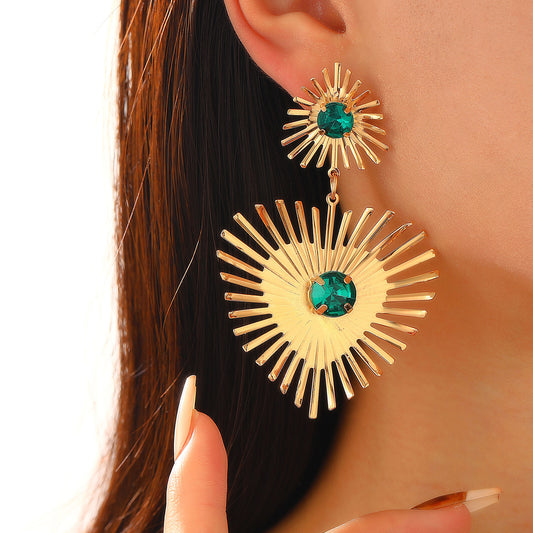 Boucles d'oreilles bohèmes en forme de cœur avec strass, motif tournesol, style exagéré, pour femme, bijoux de Saint-Valentin