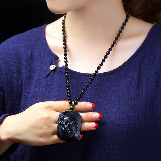 Collier Homme et Femme - Pierre Obsidienne Noire Naturelle - Le Loup - LUXARAH