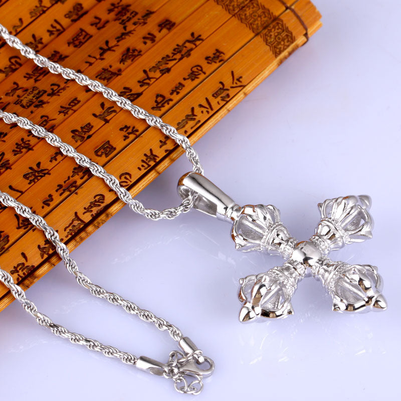 Collar con colgante de cruz de mortero Vajra de plata 925 para hombre y mujer