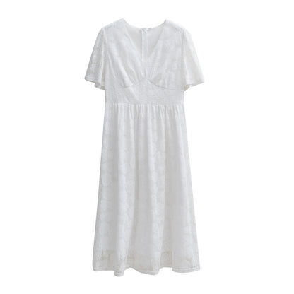 Robe longue en dentelle à col en V, élégante et élégante, à manches courtes, pour l'été - LUXARAH