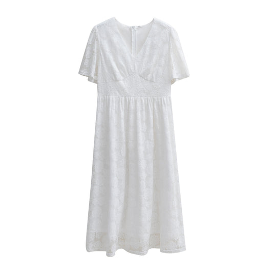 Robe longue en dentelle à col en V, élégante et élégante, à manches courtes, pour l'été - LUXARAH